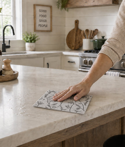 Nordic Selection Wettex Swedish dishcloth wiping a kitchen countertop