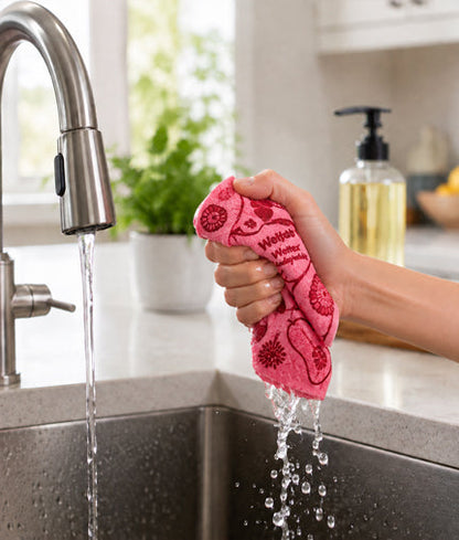 Wringing out a Wettex Swedish dishcloth at the sink